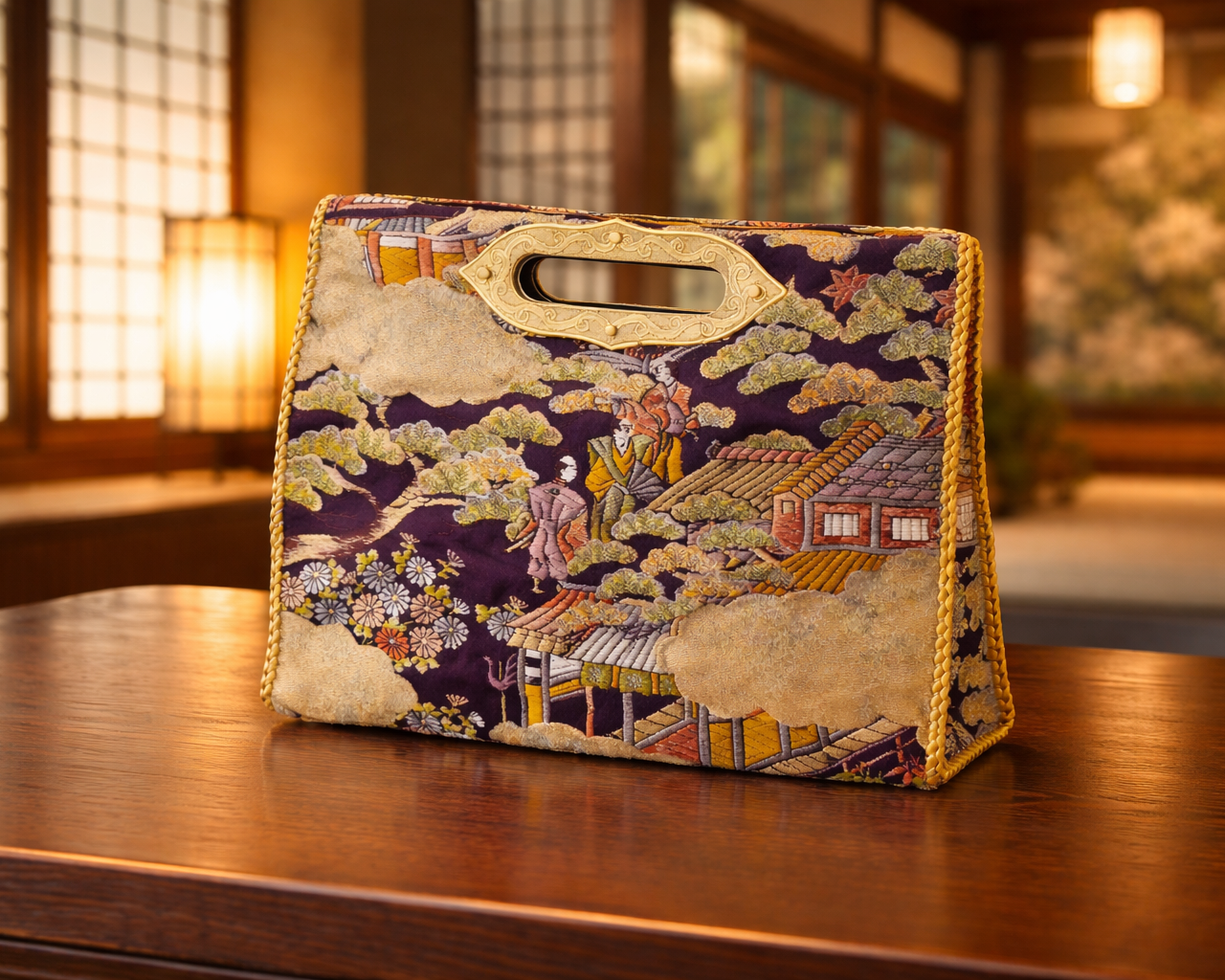 MIKOSHI Bag 紫地に金の風景文様を織り込んだ帯。障子と庭を背にした和室のカット
