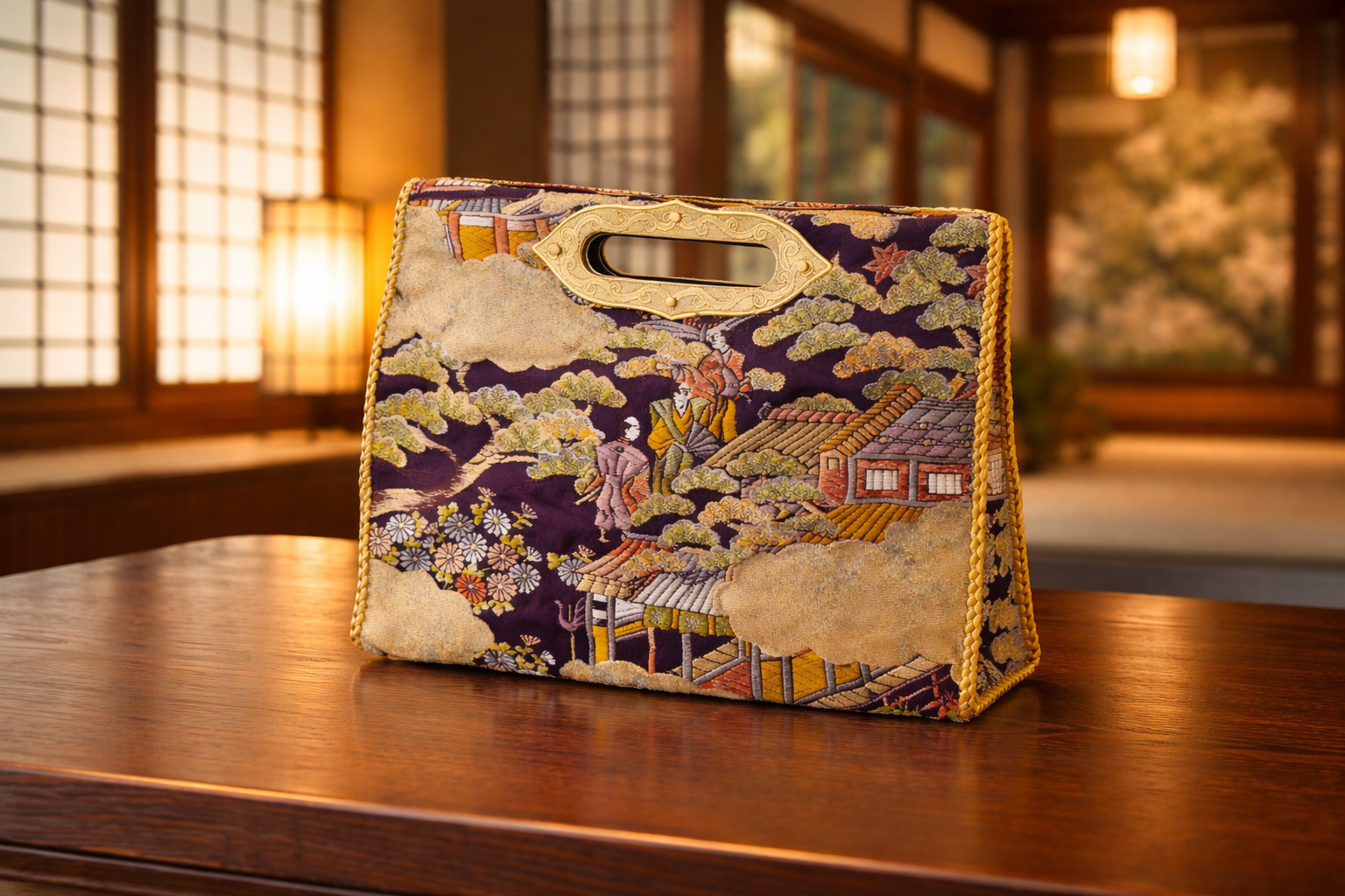 MIKOSHI Bag 紫地に金の風景文様を織り込んだ帯。障子と庭を背にした和室のカット
